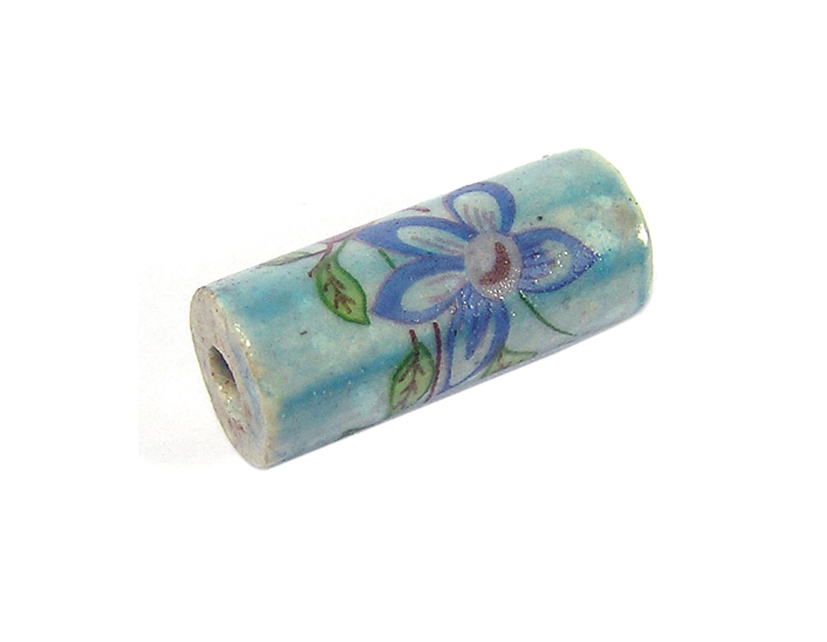 213609 Z213609 Perle ceramique cylindre decoree bleue avec fleur bleue Innspiro