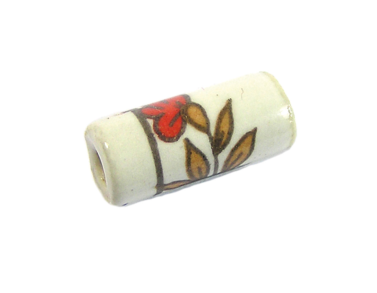 Z213610 213610 Perle ceramique cylindre decoree blanche avec dessin marron et rouge Innspiro