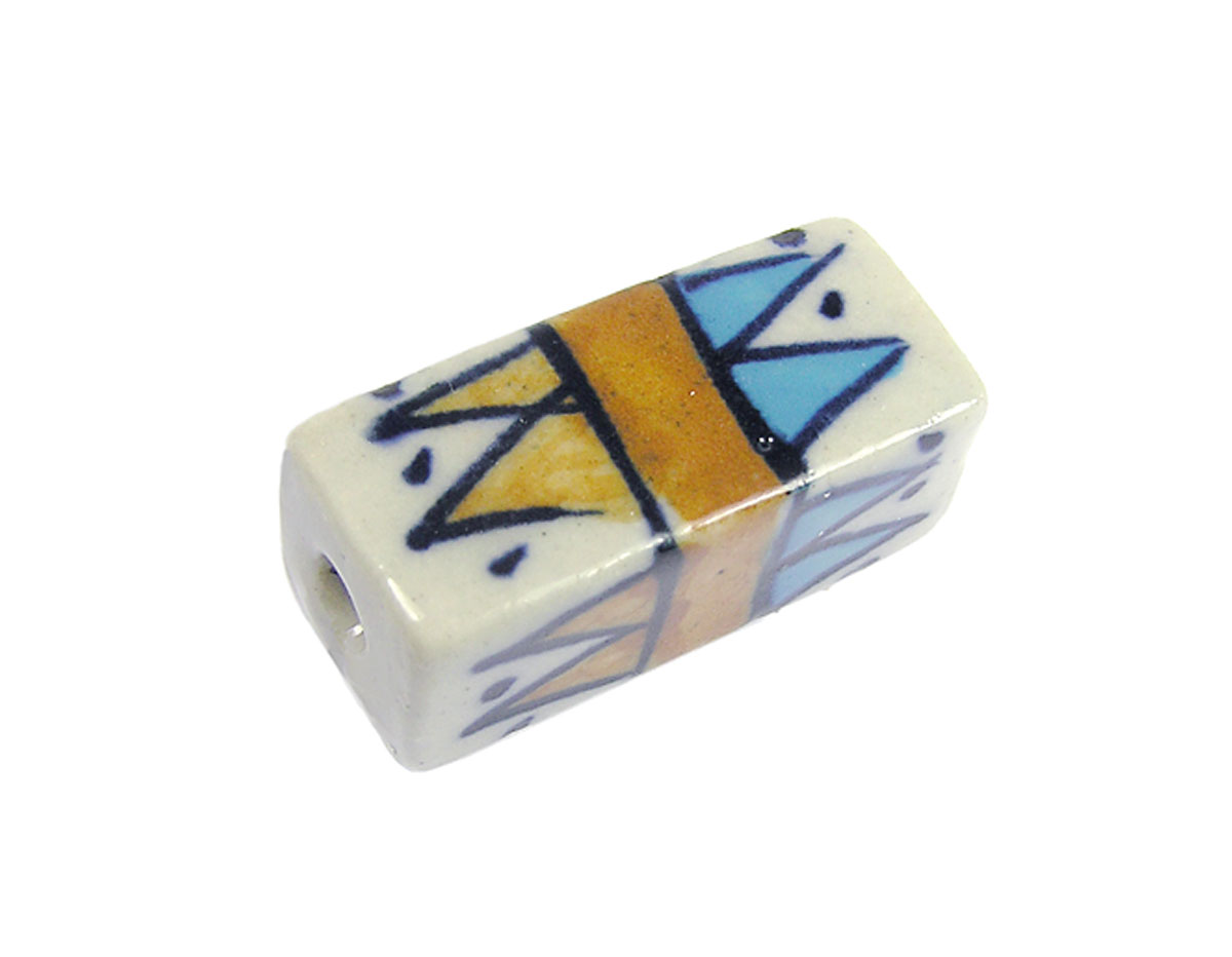Z213617 213617 Cuenta ceramica rectangulo esmaltada blanca con triangulos marrones y azules Innspiro