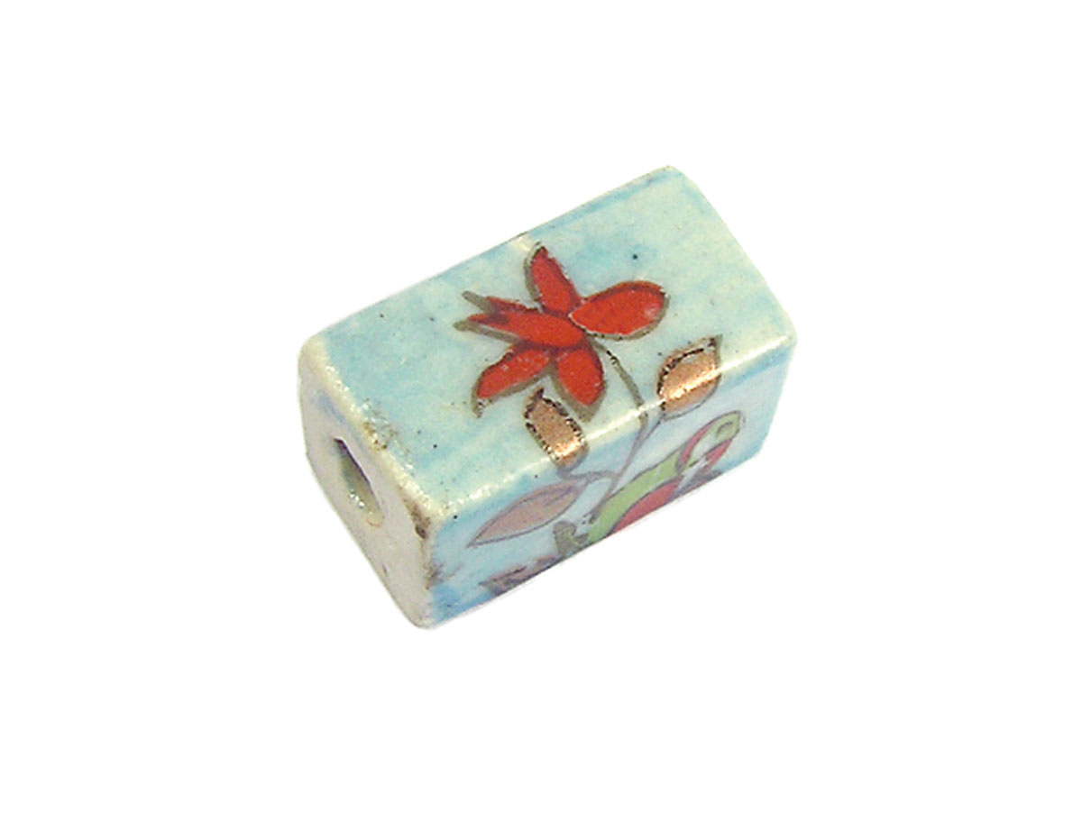 213618 Z213618 Perle ceramique rectangle decoree bleu avec fleur rouge Innspiro