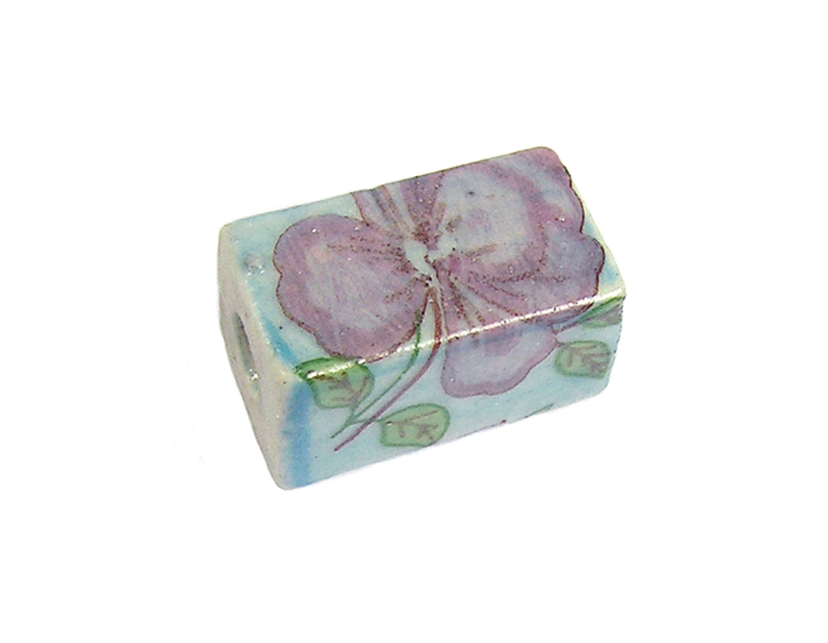 Z213619 213619 Perle ceramique rectangle decoree bleu avec fleur lila Innspiro
