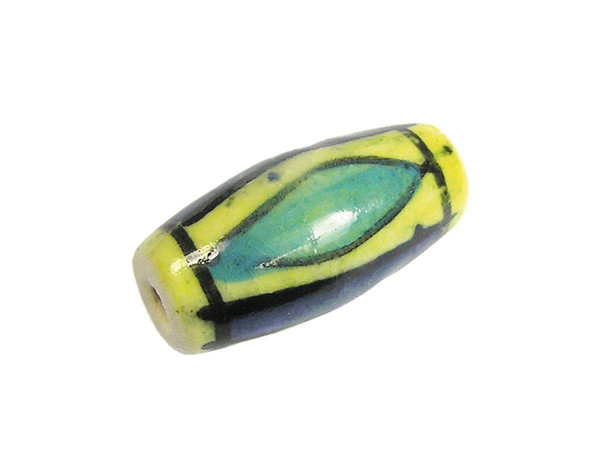 Z213623 213623 Cuenta ceramica forma irregular esmaltada amarilla con lineas verdes y azules Innspiro