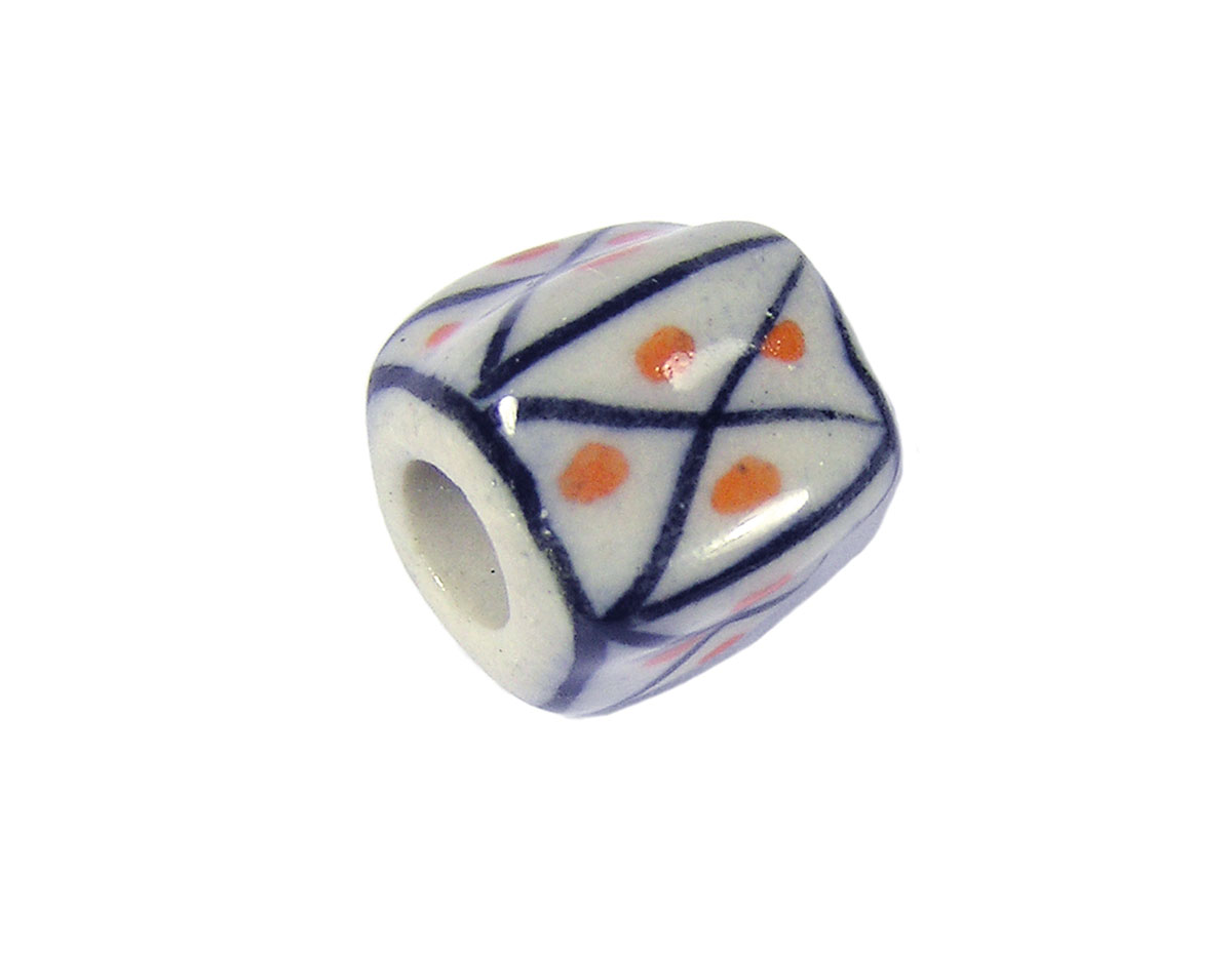 Z213627 213627 Cuenta ceramica forma irregular esmaltada blanca con lineas negras y puntos naranjas Innspiro