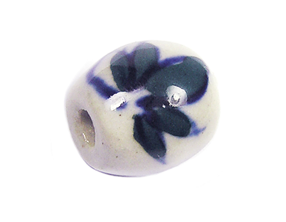 Z213632 213632 Cuenta ceramica oval esmaltada blanca con flores negras Innspiro