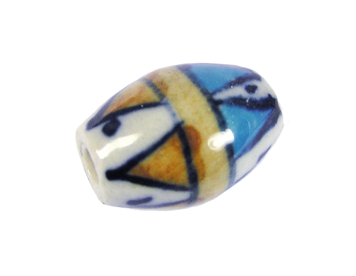 Z213641 213641 Cuenta ceramica oval esmaltada blanca con triangulos marrones y azules Innspiro