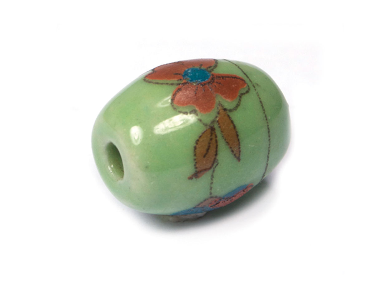 Z213653 213653 Perle ceramique ovale decoree vert avec fleur rouge Innspiro