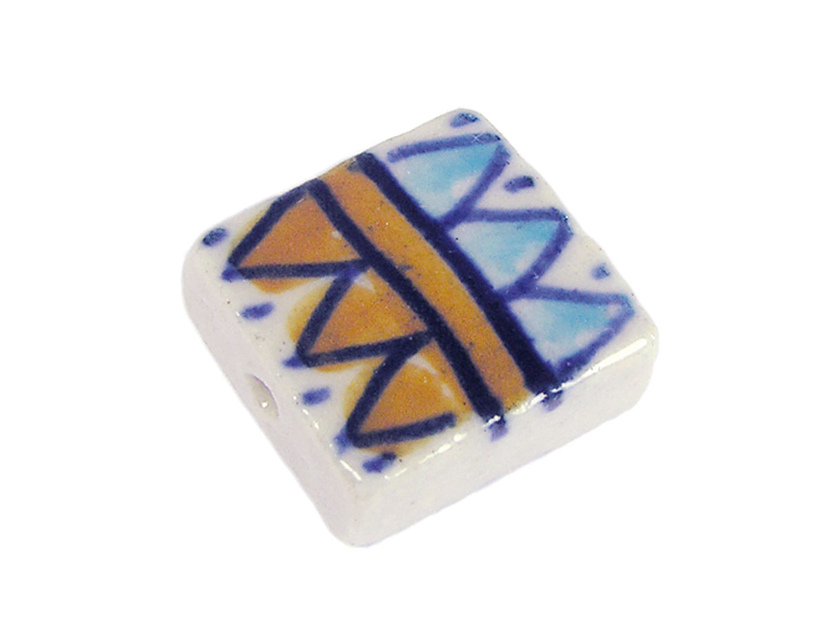 Z213658 213658 Cuenta ceramica cuadrado esmaltada blanca con triangulos azules y marrones Innspiro
