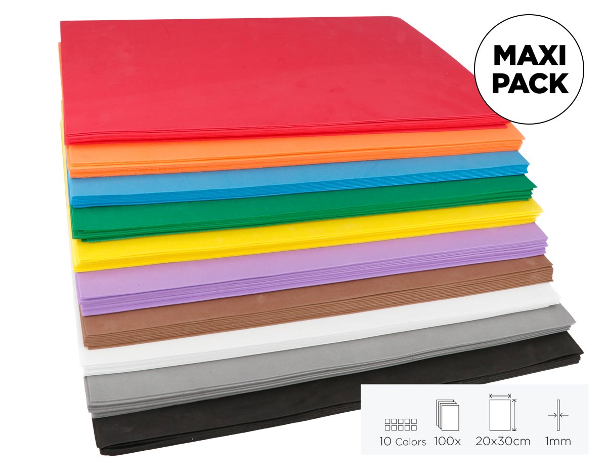 21750 Maxi Pack Escolar 100 laminas goma EVA surtido 10 colores 20x30cm x1mm Innspiro