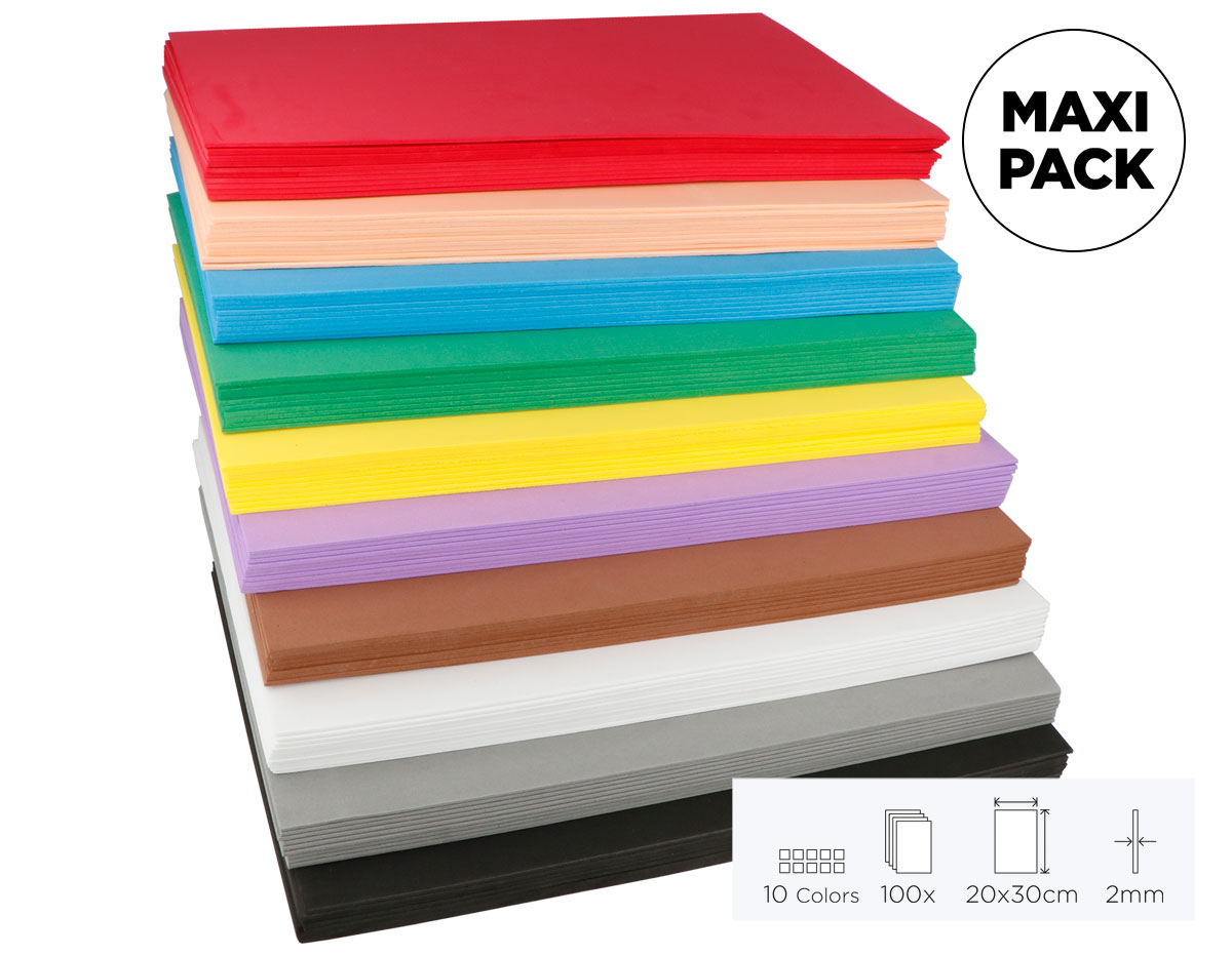 21850 Maxi Pack Escolar 100 laminas goma EVA surtido 10 colores 20x30cm x2mm Innspiro