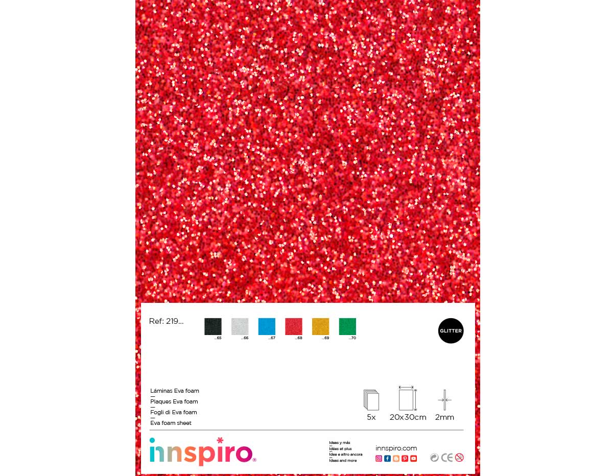 21968 Mousse EVA rouge paillettes feuilles 20x30cm x2mm 5u Innspiro