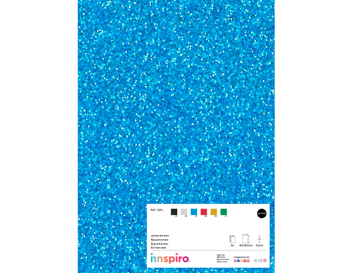22667 Mousse EVA bleu ciel paillettes feuilles 40x60cm x2mm 5u Innspiro