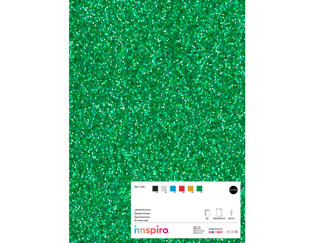 22670 Mousse EVA vert paillettes feuilles 40x60cm x2mm 5u Innspiro