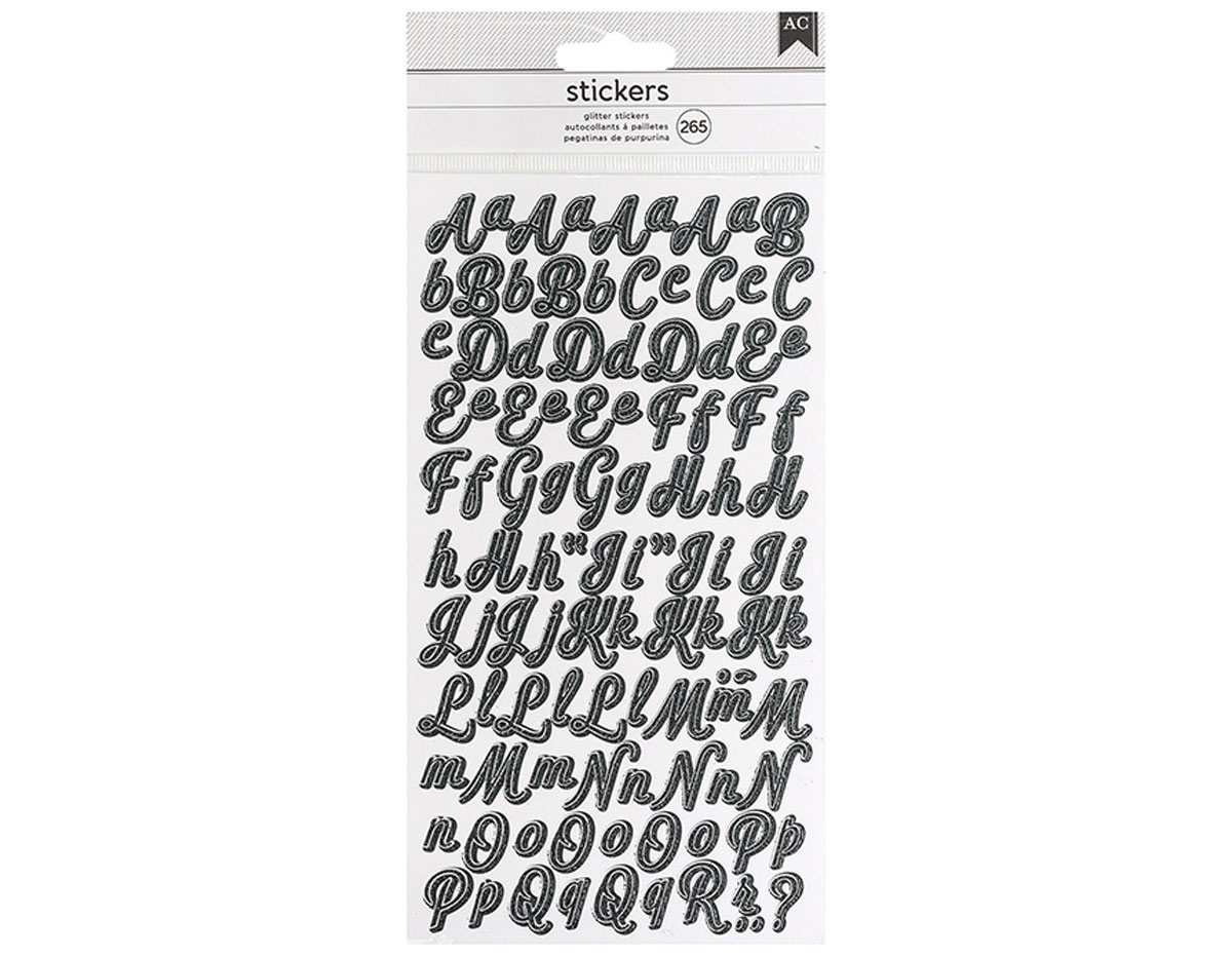 346652 Pegatinas alfabeto Alpha Script Stickers Black Glitter American Crafts
