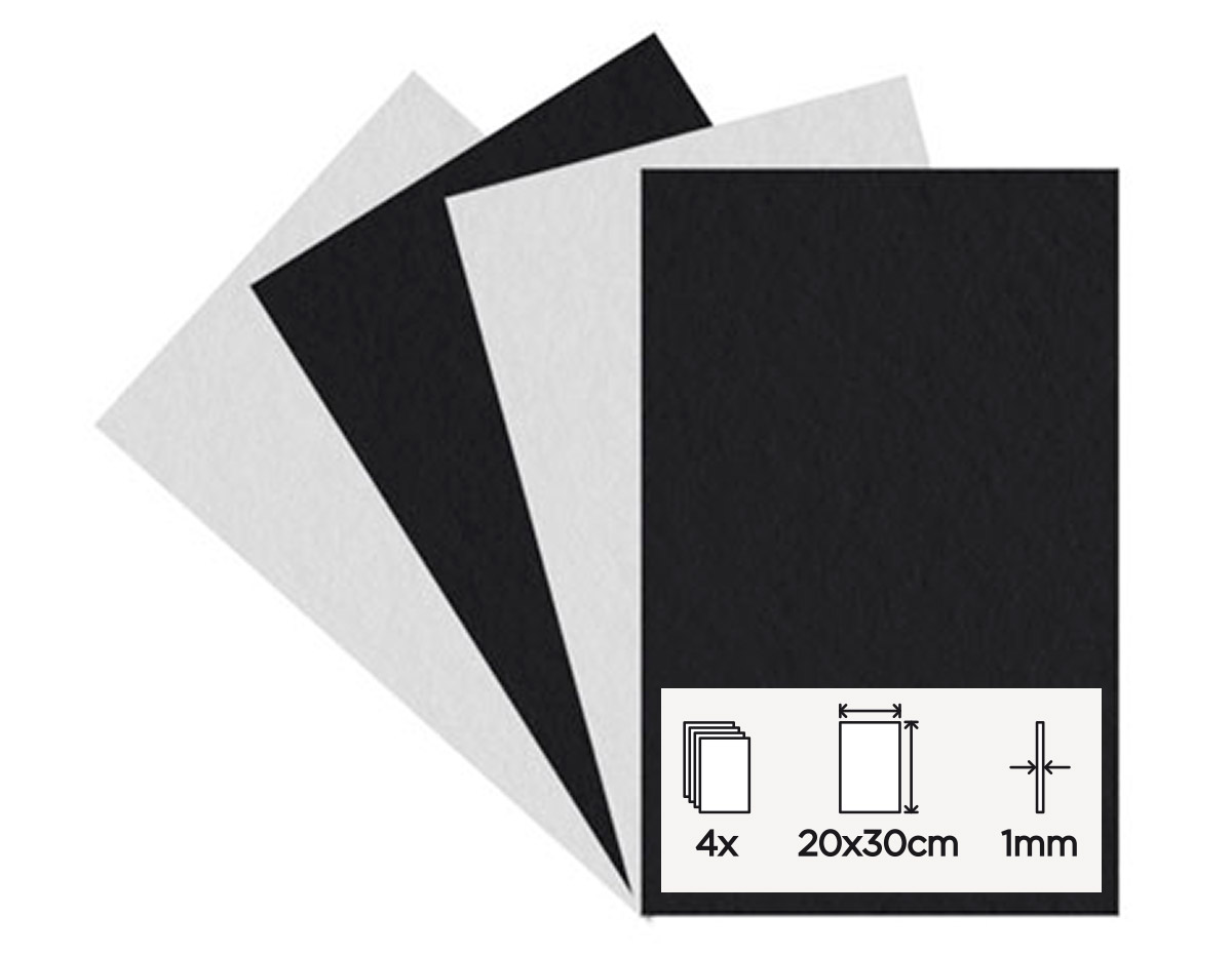 55160 Set 4 laminas fieltro acrilico blanco y negro 20x30cm 1mm Innspiro
