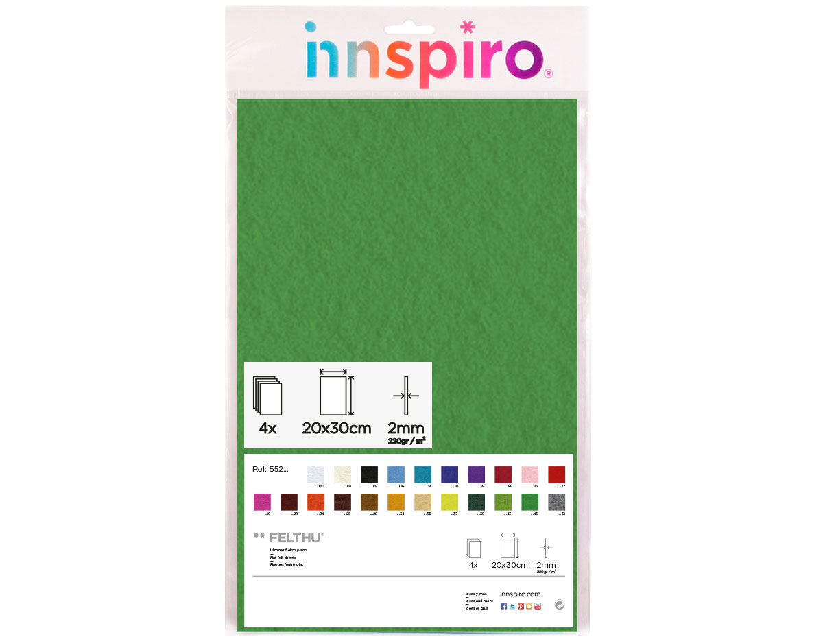 55245 Fieltro acrilico verde fuerte 20x30cm 2mm 4u Innspiro