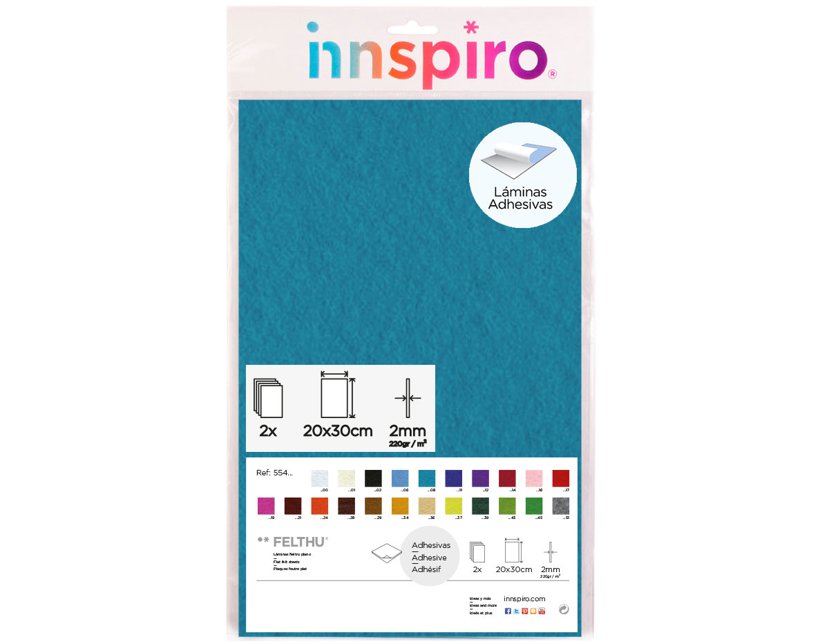 55408 Fieltro acrilico turquesa adhesivo 20x30cm 2mm 2u Innspiro