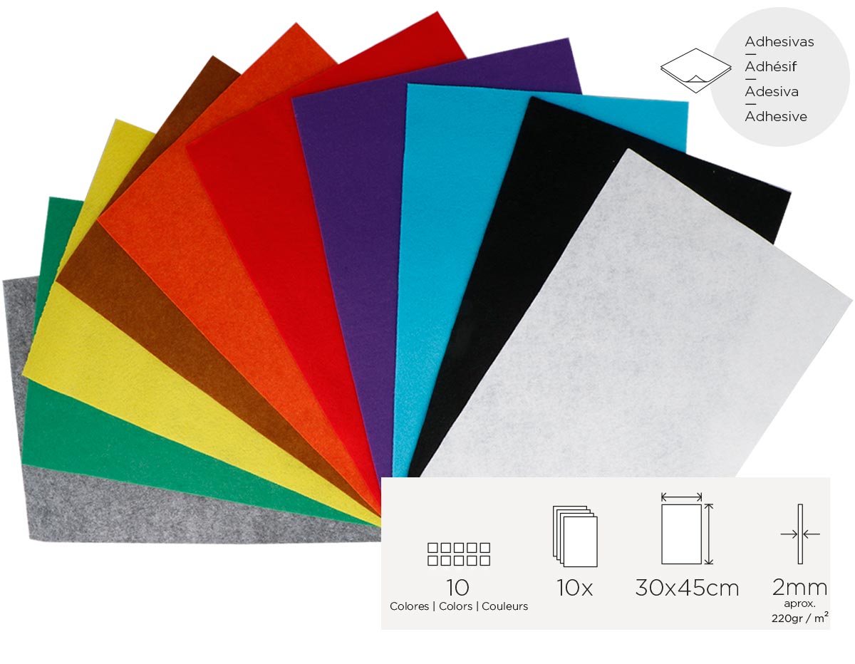 56500 Set 10 laminas fieltro acrilico surtido colores adhesivo 30x45cm x2mm 220gr m2 Innspiro