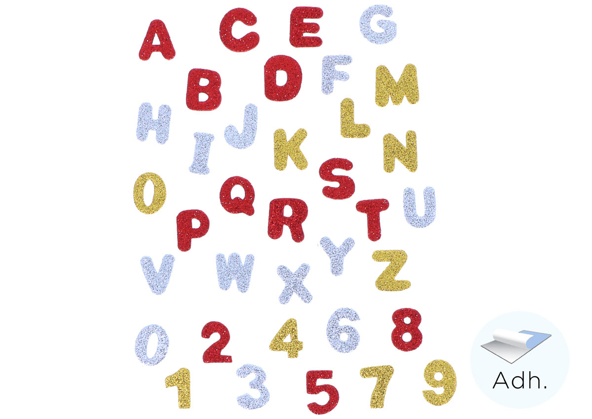 98641 Numeros 0-9 y letras de goma EVA adhesiva con purpurina Innspiro