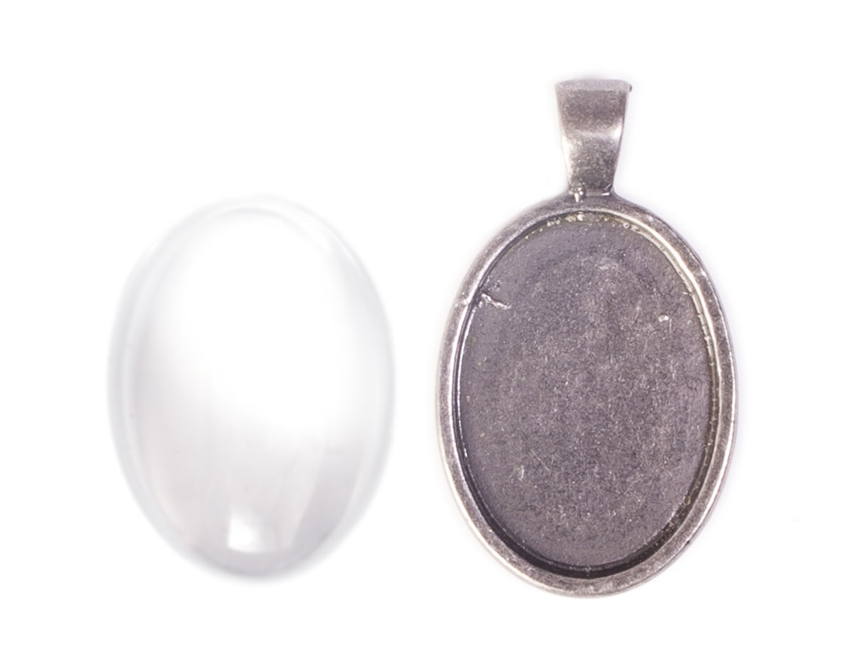 99437-AS Pendentif camee metallique ovale argente vieilli avec cabochon verre Innspiro
