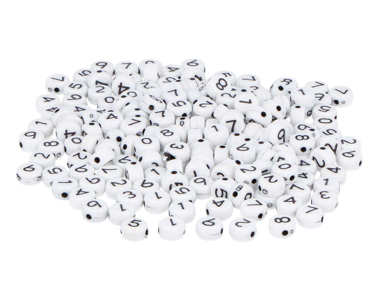 99640 Cuentas de plastico redondas numeros blanco negro 7mm 1200u Bote Innspiro