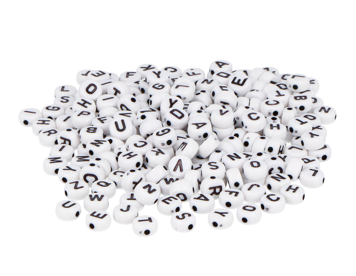 99641 Cuentas de plastico redondas letras blanco y negro 7mm 1200u Bote Innspiro