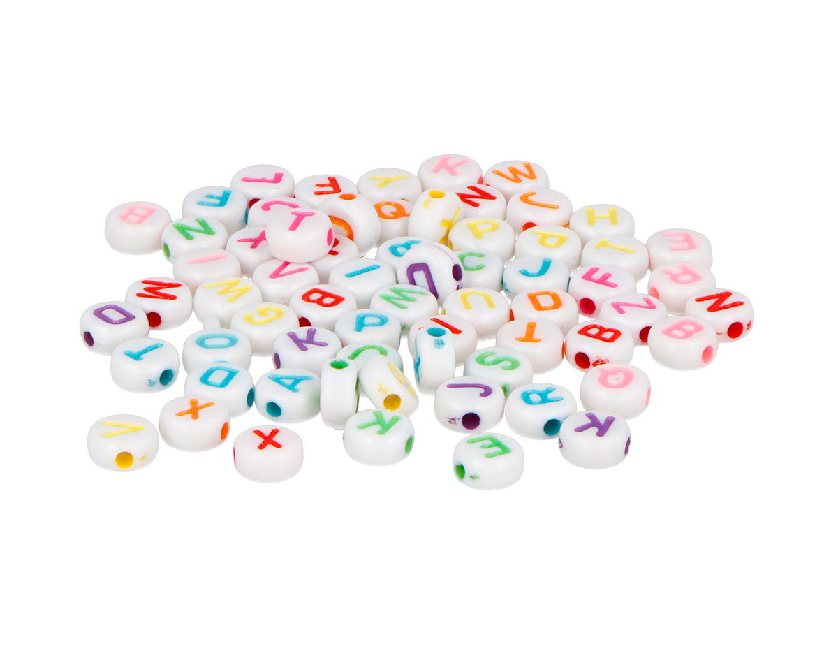 99642 Perles plastique lettres blanc coloris assorties diam 7mm 1200u aprox En bocal Innspiro