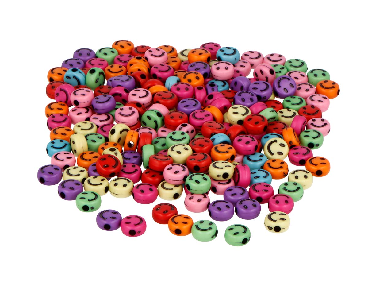 99644 Perles plastique visages souriants coloris assorties diam 7mm 1200 unites aprox En bocal Innspiro