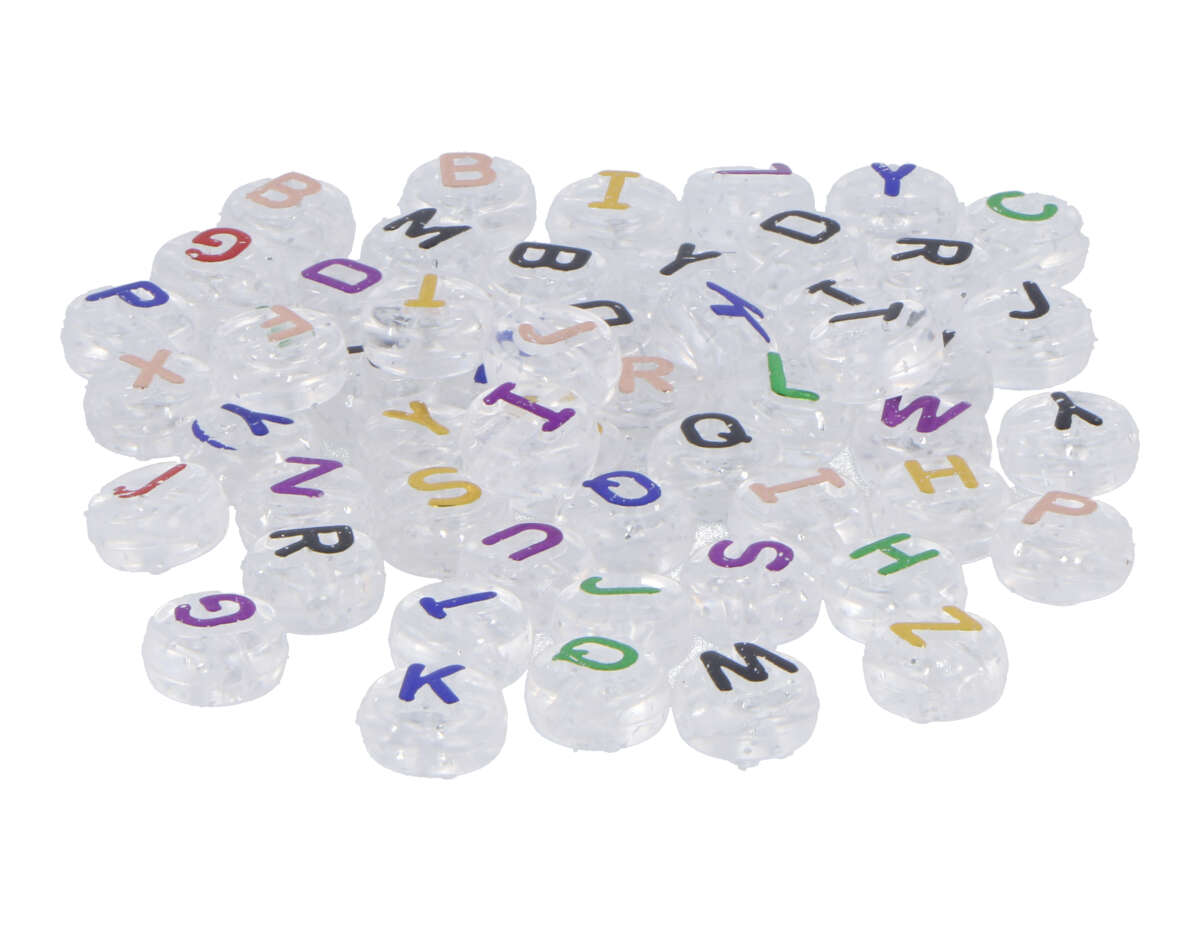 99646 Perles plastique lettres transparent coloris asorties diam 9 5mm trou 2mm 450u aprox En bocal Innspiro