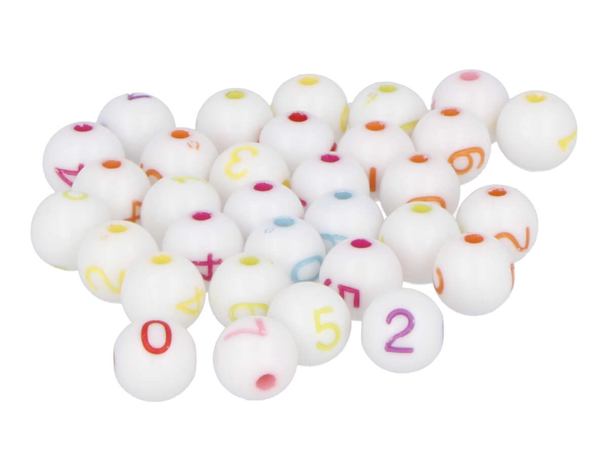 99667 Perles numeros blanc coloris assorties 7 5mm trou 1 4mm 750 unites aprox En bocal Innspiro