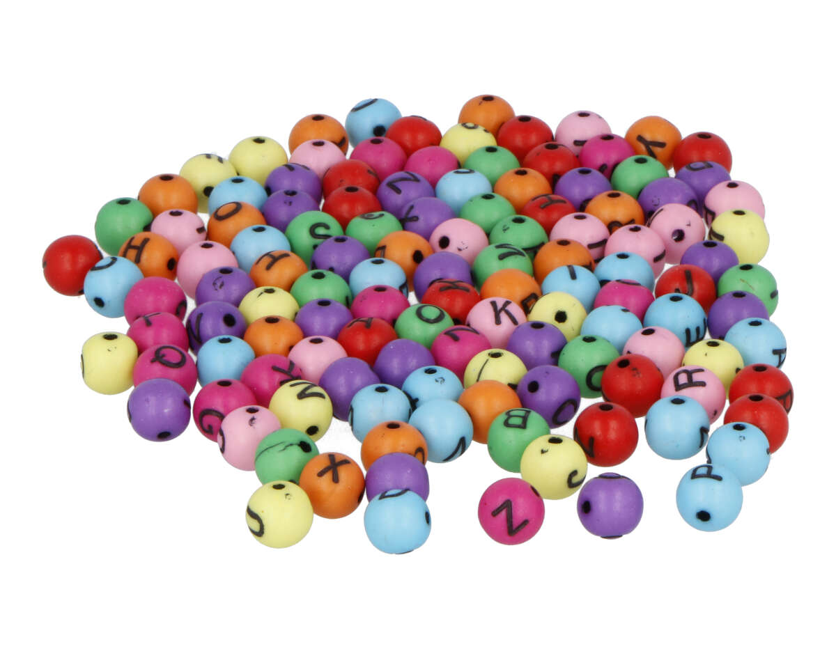 99668 Perles plastique lettres coloris assorties 7 5mm trou 1 4mm 750u aprox En bocal Innspiro
