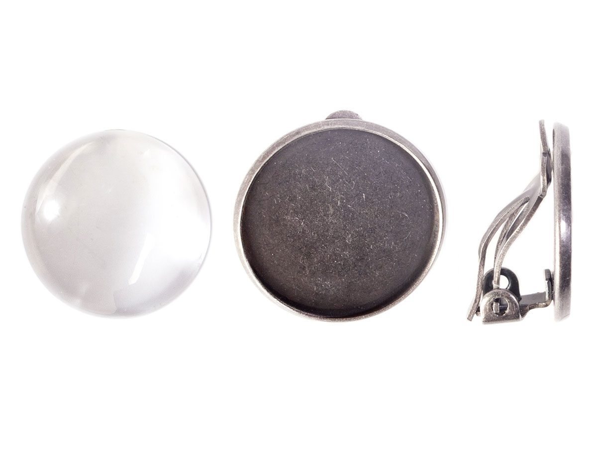 99843-AS Boucle d oreilles camee metallique disque argente vieilli avec cabochon verre Innspiro