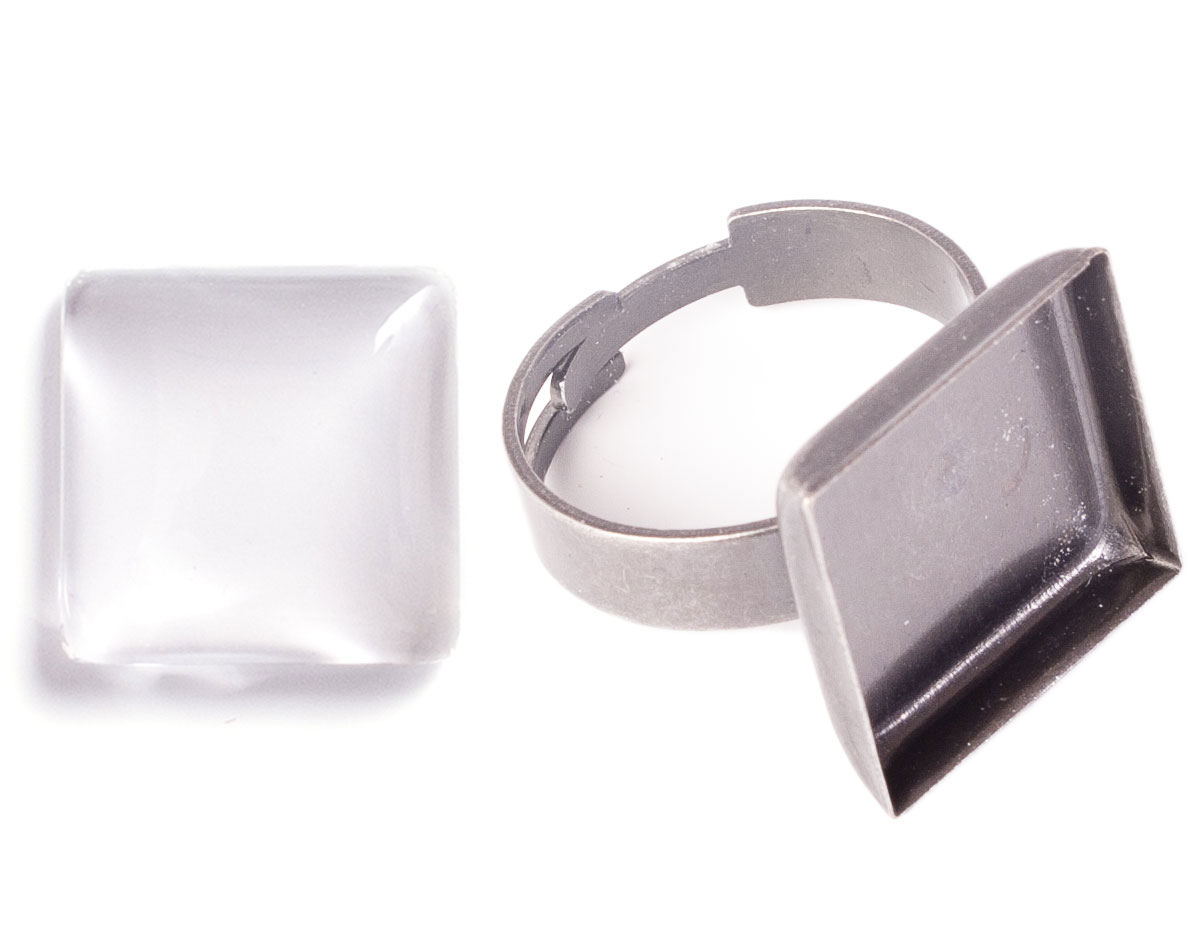 99844-AS Anillo camafeo metalico y ajustable cuadrado plateado envejecido con cabuchon vidrio Innspiro