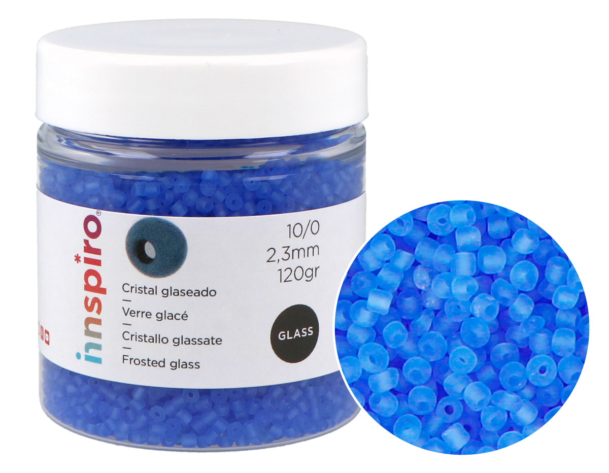 B14054 Rocaille de verre ronde glace bleu clair 2 3mm 120gr Pot Innspiro