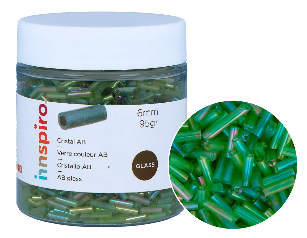 B14066 Rocalla de vidrio cilindro aurora boreale verde diam 1 80x6mm 95gr Bote Innspiro
