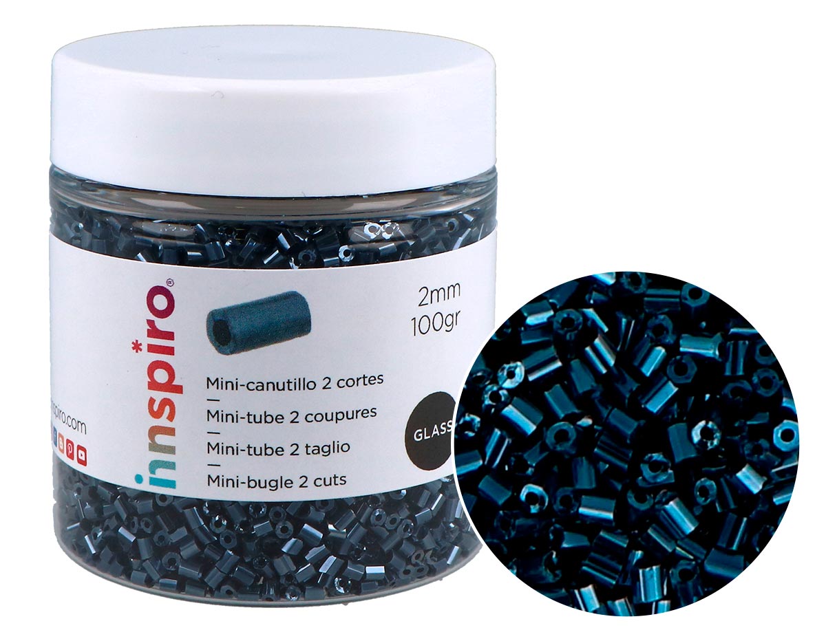 B14075 Rocaille de verre cylindre mini iridescent titane 2x2mm 100gr Pot Innspiro