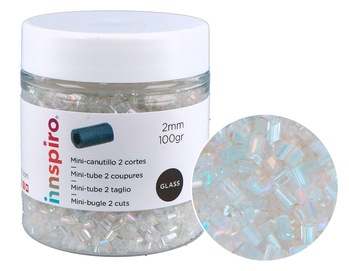 B14076 Rocaille de verre cylindre mini transparent 2x2mm 100gr Pot Innspiro
