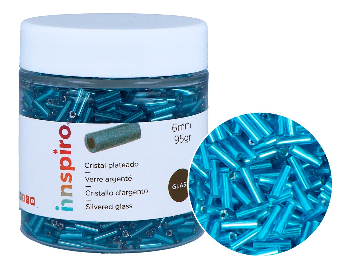 B14082 Rocaille de verre cylindre argente bleu 1 80x6mm 95gr Pot Innspiro