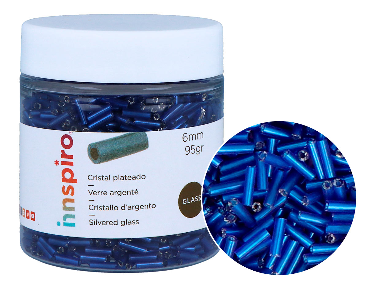 B14087 Rocaille de verre cylindre argente bleu marine 1 80x6mm 95gr Pot Innspiro