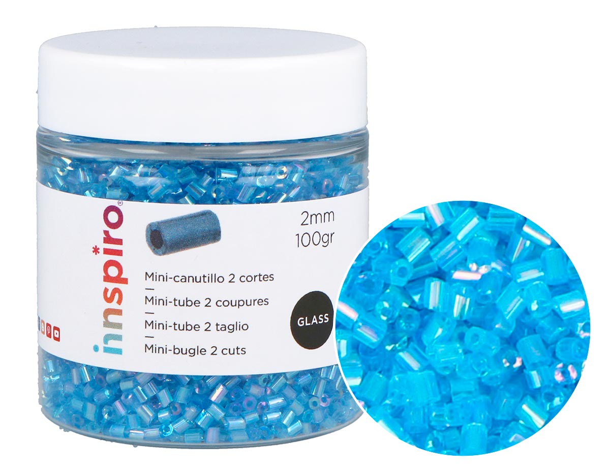 B14101 Rocaille de verre cylindre bleu clair 2x2mm 100gr Pot Innspiro