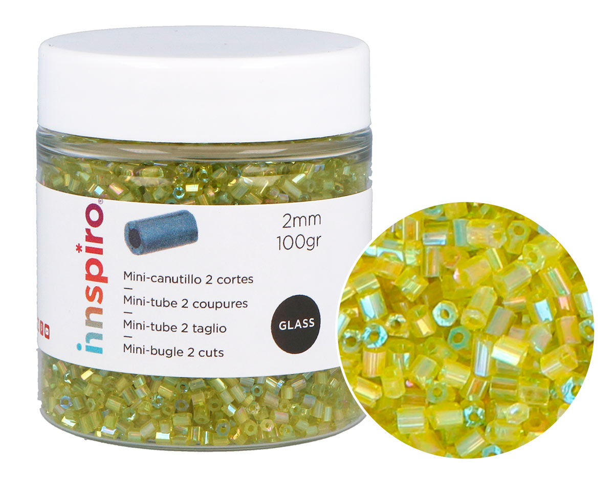 B14102 Rocaille de verre cylindre mini aurora boreale vert olive 2x2mm 100gr Pot Innspiro