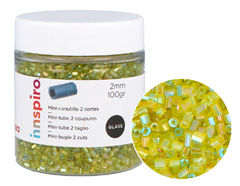 B14102 Rocaille de verre cylindre mini aurora boreale vert olive 2x2mm 100gr Pot Innspiro - Article