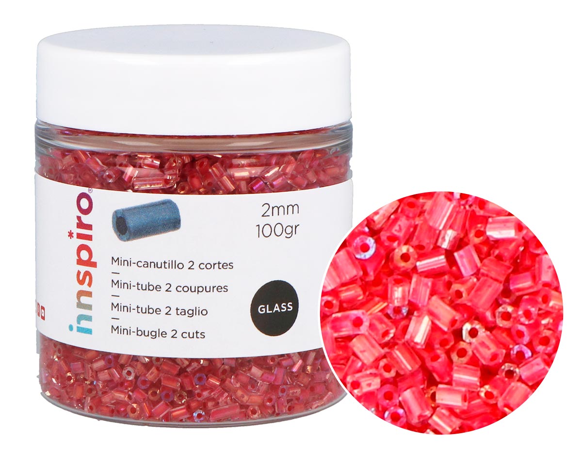 B14103 Rocaille de verre cylindre mini aurora boreale rouge 2x2mm 100gr Pot Innspiro