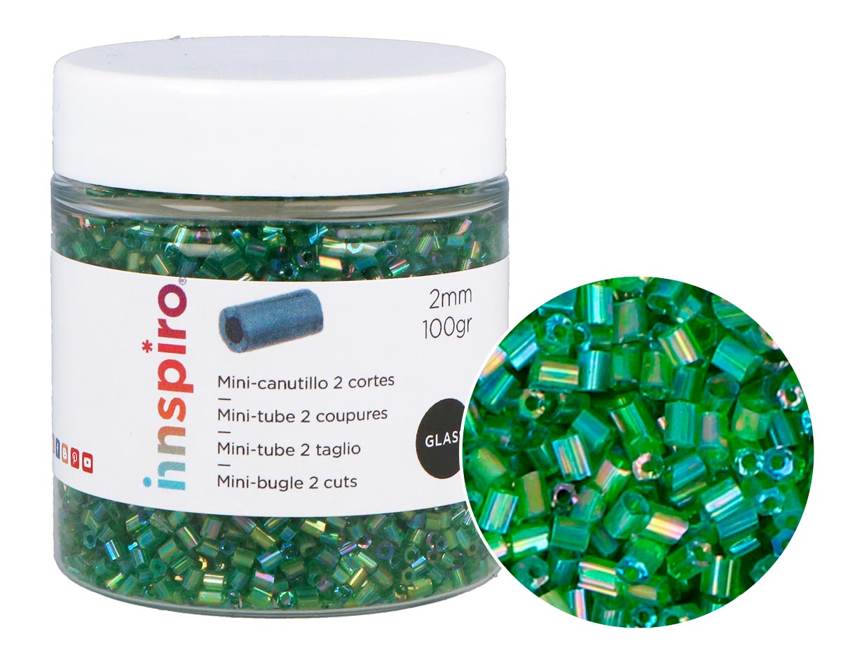 B14104 Rocalla de vidrio cilindro mini aurora boreal verde oscuro diam 2x2mm 100gr Bote Innspiro