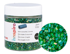 B14104 Rocaille de verre cylindre mini aurora boreale vert fonce 2x2mm 100gr Pot Innspiro - Article