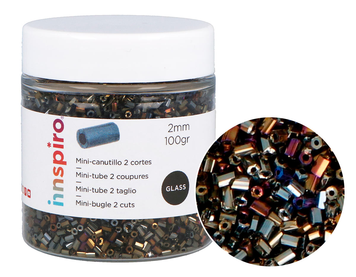B14109 Rocaille de verre cylindre mini iridescent metallique 2x2mm 100gr Pot Innspiro
