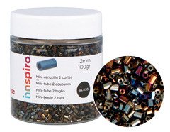 B14109 Rocaille de verre cylindre mini iridescent metallique 2x2mm 100gr Pot Innspiro - Article