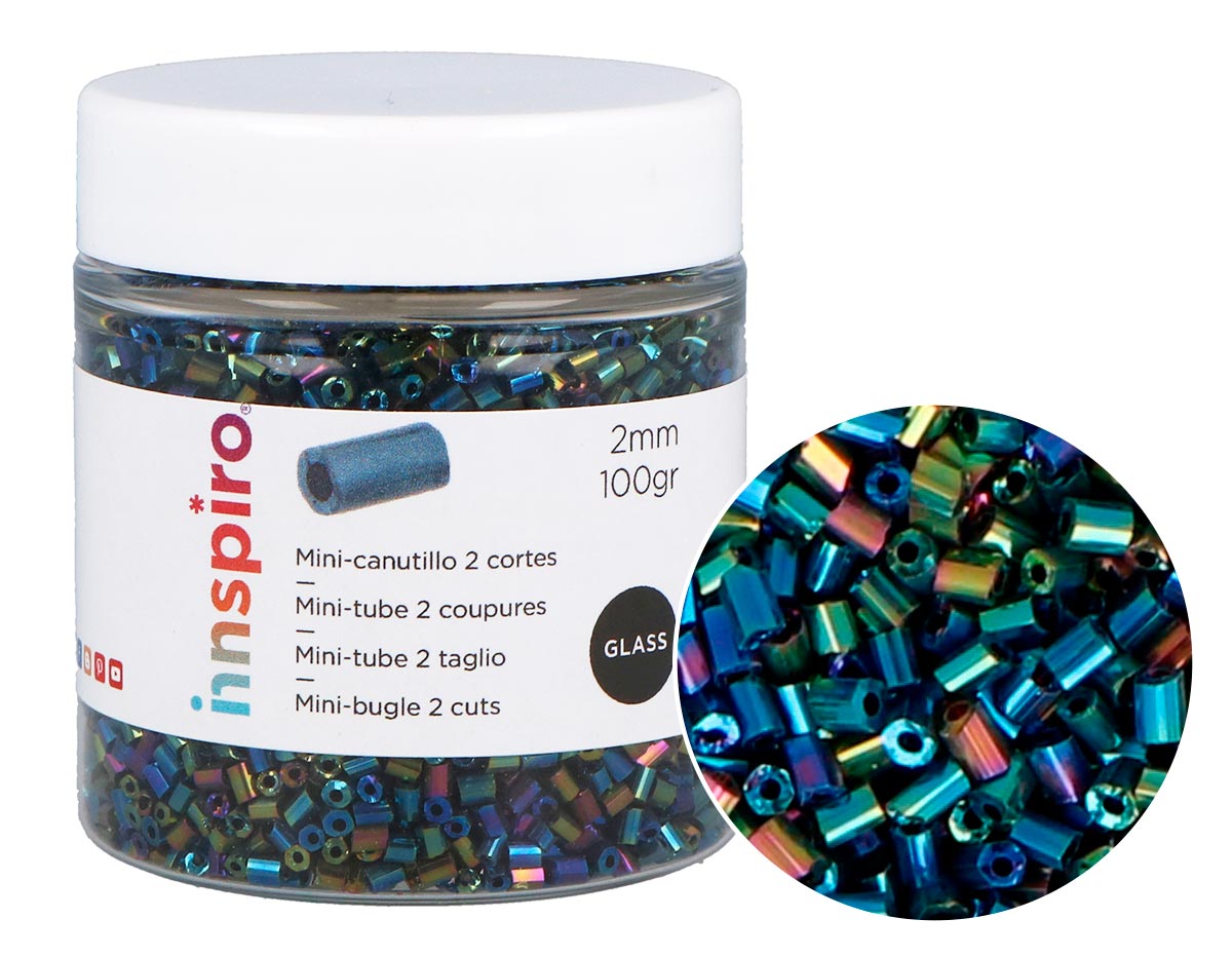 B14110 Rocaille de verre cylindre mini iridescent bleu metallique 2x2mm 100gr Pot Innspiro