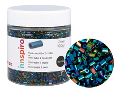 B14110 Rocaille de verre cylindre mini iridescent bleu metallique 2x2mm 100gr Pot Innspiro - Article