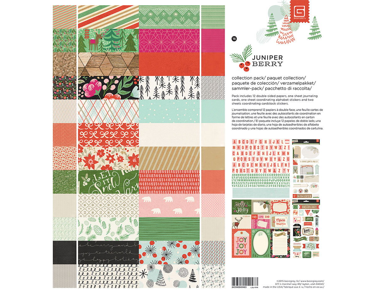 C-JBY-4948 Set 12 papeles 3 hojas adhesivas y 1 hoja tarjetas Collection Pack JUNIPER BERRY Basic Grey