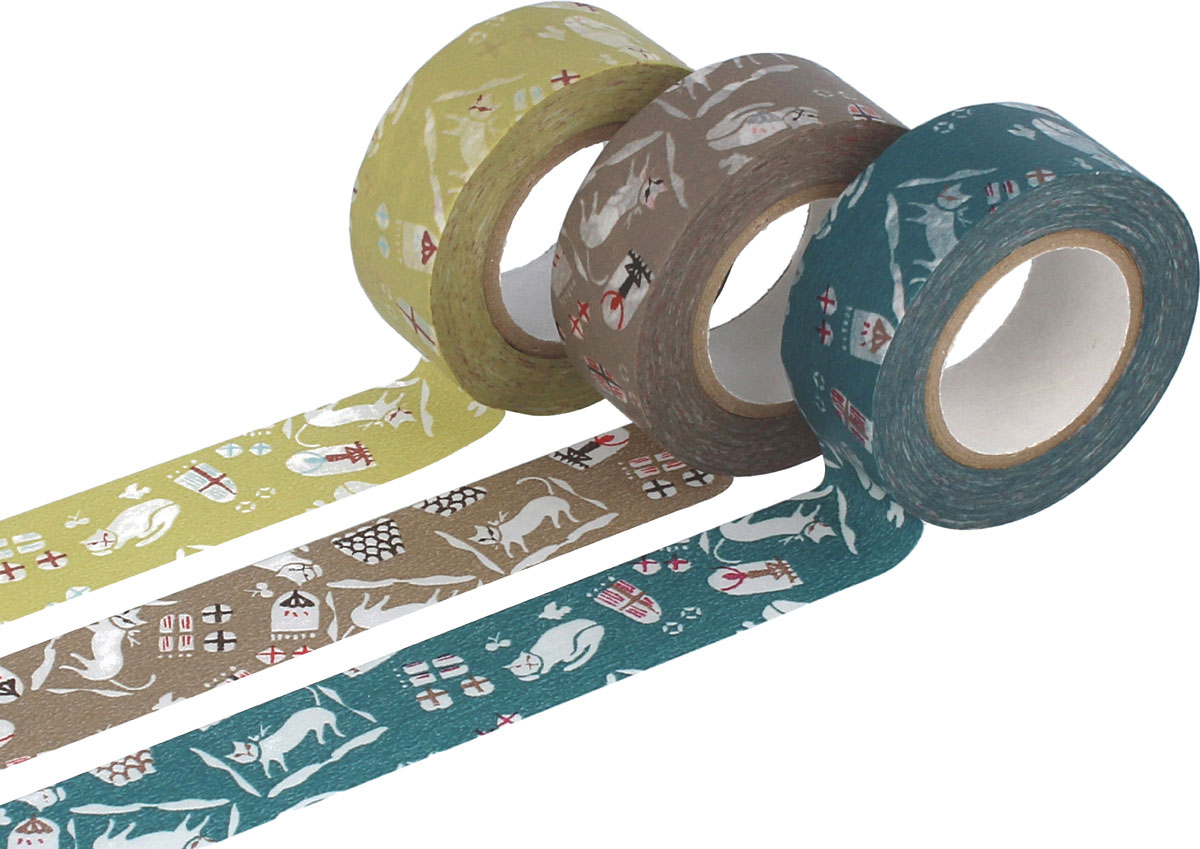 CL45322-06 Set 3 rubans adhesifs masking tape washi cats couleurs assorties Classiky s
